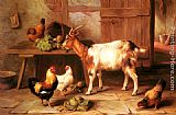 Feeding Canvas Paintings - Goat and chickens feeding in a cottage interior